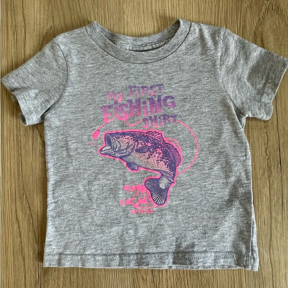Bass Pro Shops "My First Fishing Shirt" Baby Tee Grey Pink 12M